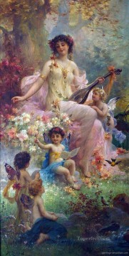 ギターを弾く美しさと花の天使ハンス・ザツカの古典的な花 Oil Paintings